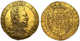 CARLO EMANUELE I di SAVOIA. Il Grande (1580-1630). Quadrupla 1595 (III tipo). Torino.

CAR EM D G DVX SABAVDIE XI Busto del duca a d., con collare d...