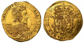 VITTORIO AMEDEO I di SAVOIA. Il leone di Susa (1630-1637). Doppia s.d. Torino.

V AMEDEVS D G DVX SABAVDIAE Busto corazzato a d. R/ PRIN PEDEMON REX...