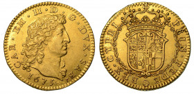 CARLO EMANUELE II di SAVOIA. L'Adriano del Piemonte (1648-1675). Doppia d'oro 1675 (IV tipo). Torino.

CAR EM II D G DVX SAB Testa del duca a d.; so...
