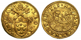 LEONE X (Giovanni de' Medici), 1513-1521. Doppio fiorino di camera.

LEO X PONT MAX Stemma semiovale gigliato, sormontato da chiavi decussate e da t...