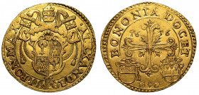 ALESSANDRO VII (Fabio Chigi), 1655-1667. Quadrupla 1655 (Zecchiere Bartolomeo Provagli). Bologna.

ALEXANDER VII PON MAX Stemma inquartato, in corni...