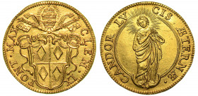CLEMENTE IX (Giulio Rospigliosi), 1667-1669. Doppia s.d.

CLEM IX PONT MAX Stemma a targa semiovale sagomata sormontato da chiavi decussate e tiara ...