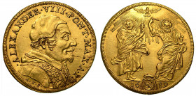 ALESSANDRO VIII (Pietro Ottoboni), 1689-1691. Quadrupla 1689 A. I.

ALEXANDER VIII PONT MAX A I Busto a d. con camauro mozzetta e stola ornata di aq...