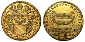 ALESSANDRO VIII (Pietro Ottoboni), 1689-1691. Doppia 1690.

ALEXAN VIII PONT MAX. Stemma in scudo, ovale, tra due rami di palma, sormontato da chiav...