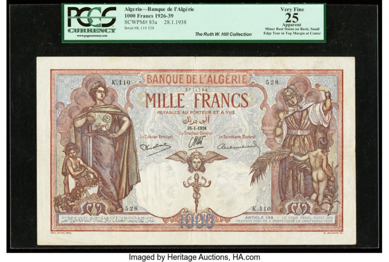 Algeria Banque de l'Algerie 1000 Francs 28.1.1938 Pick 83a PCGS Apparent Very Fi...