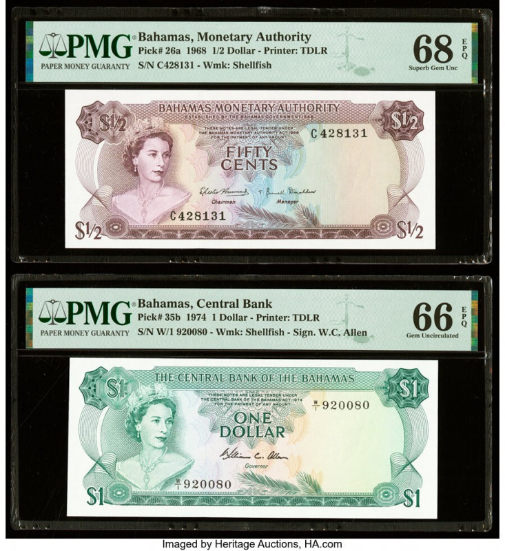 Bahamas Monetary Authority 1/2; 1 Dollar 1968; 1974 Pick 26a; 35b Two Examples P...