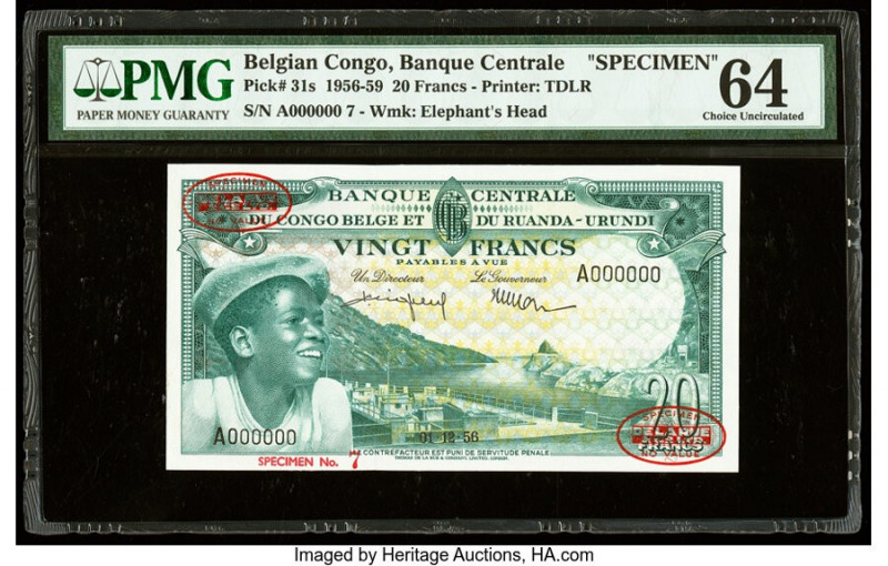 Belgian Congo Banque Centrale du Congo Belge 20 Francs 1.12.1956 Pick 31s Specim...
