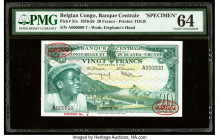 Belgian Congo Banque Centrale du Congo Belge 20 Francs 1.12.1956 Pick 31s Specimen PMG Choice Uncirculated 64. Red Specimen & TDLR overprints and perv...