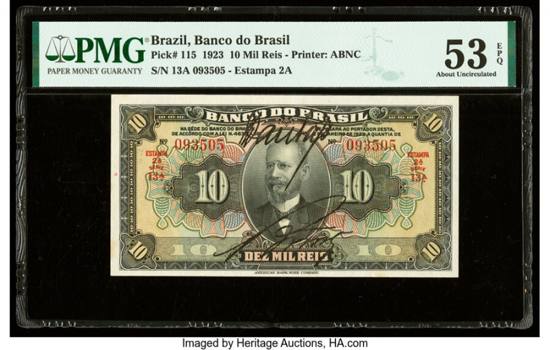 Brazil Banco do Brasil 10 Mil Reis 1.1923 Pick 115 PMG About Uncirculated 53 EPQ...