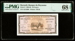 Burundi Banque du Royaume du Burundi 10 Francs 20.11.1964 Pick 9 PMG Superb Gem Unc 68 EPQ. 

HID09801242017

© 2020 Heritage Auctions | All Rights Re...