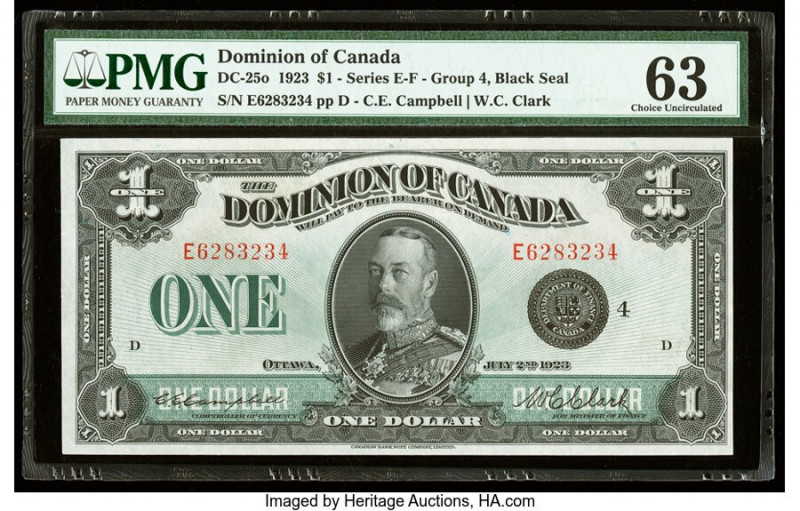 Canada Dominion of Canada $1 2.7.1923 DC-25o PMG Choice Uncirculated 63. Minor r...