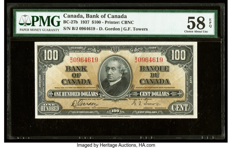Canada Bank of Canada $100 2.1.1937 BC-27b PMG Choice About Unc 58 EPQ. 

HID098...