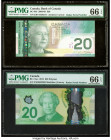 Radar Serial Numbers 4438344; 2626262 Canada Bank of Canada $20 (2) 2008-09; 2012 BC-64b; BC-71a-i Two Examples PMG Gem Uncirculated 66 EPQ (2). 

HID...