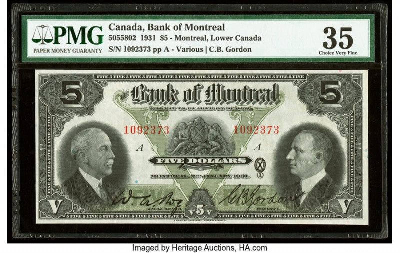 Canada Montreal, PQ- Bank of Montreal $5 2.1.1931 Ch.# 505-58-02 PMG Choice Very...