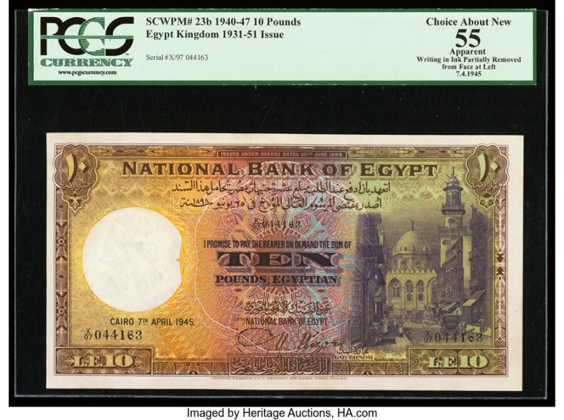 Egypt National Bank of Egypt 10 Pounds 7.4.1945 Pick 23b PCGS Apparent Choice Ab...