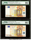 European Union Central Bank, Germany; Italy 50 Euro 2002 Pick 11x; 17s Two Examples PMG Gem Uncirculated 66 EPQ (2). Radar Serial number 62610801626 p...