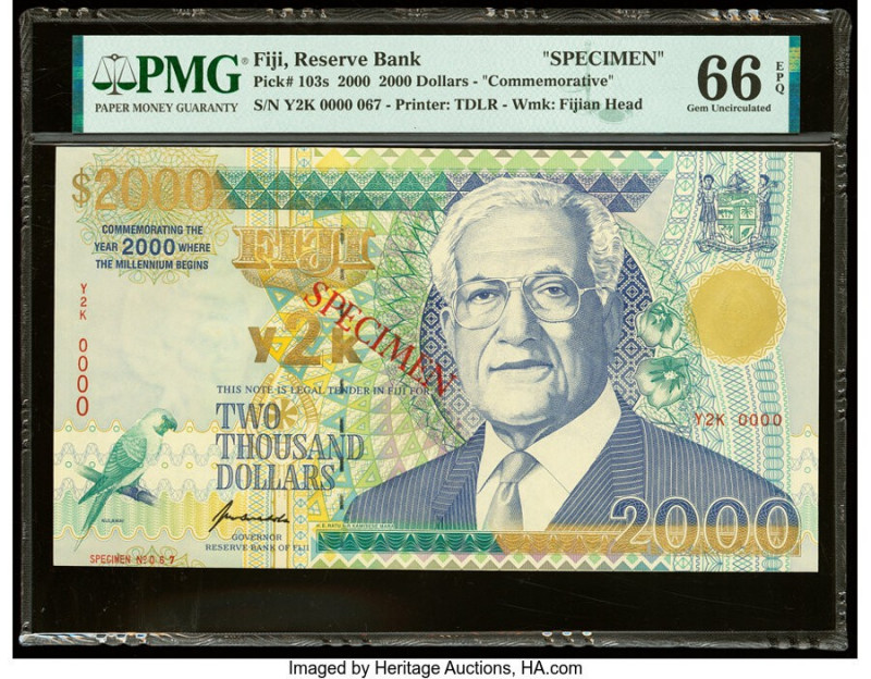 Fiji Reserve Bank of Fiji 2000 Dollars 2000 Pick 103s Commemorative Specimen PMG...