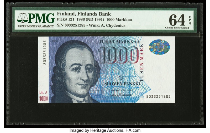 Finland Finlands Bank 1000 Markkaa 1986 (ND 1991) Pick 121 PMG Choice Uncirculat...
