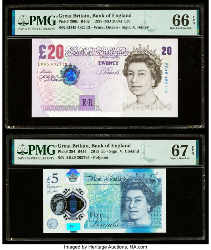 Great Britain Bank of England 20; 5 Pounds 1999 (ND 2004); 2015 Pick 390b; 394 T...