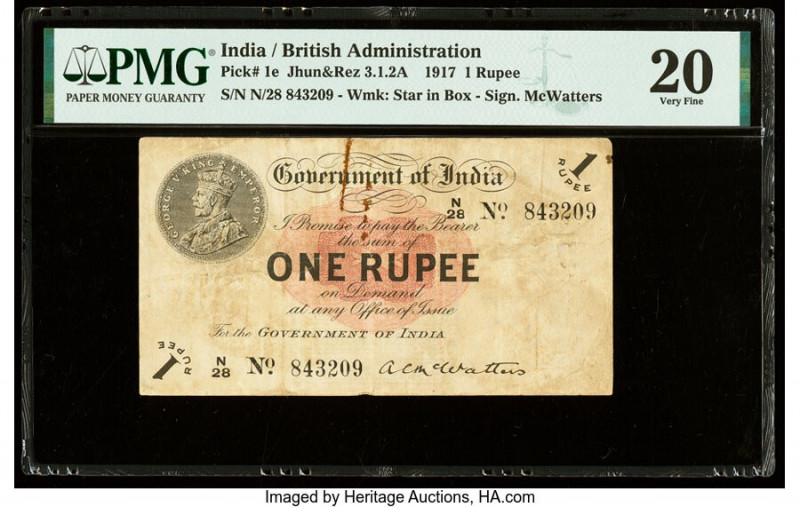 India Government of India 1 Rupee 1917 Pick 1e Jhun3.1.2A PMG Very Fine 20. Rust...