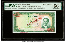 Iran Bank Melli 50 Rials ND (1953) / SH1332 Pick 61s Specimen PMG Gem Uncirculated 66 EPQ. Red Specimen & TDLR overprints present on this example.

HI...