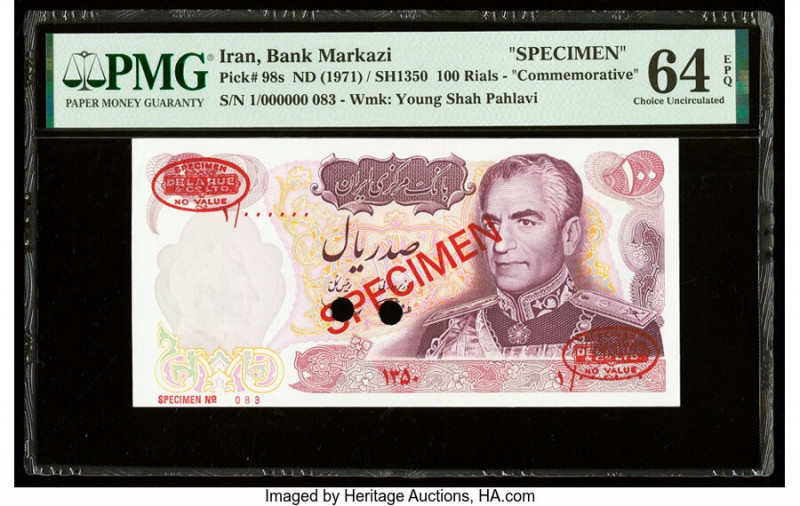 Iran Bank Markazi 100 Rials ND (1971) / SH1350 Pick 98s Commemorative Specimen P...