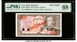 Iran Bank Markazi 20 Rials ND (1974-79) Pick 100a1s Specimen PMG Superb Gem Unc 68 EPQ. Red Specimen & TDLR overprints and two POCs are present on thi...