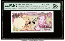 Iran Bank Markazi 100 Rials ND (1974-79) Pick 102as PMG Superb Gem Unc 68 EPQ. Black Specimen & TDLR overprints and two POCs are present on this examp...