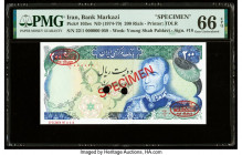 Iran Bank Markazi 200 Rials ND (1974-79) Pick 103es Specimen PMG Gem Uncirculated 66 EPQ. Red Specimen & TDLR overprints and two POCs are present on t...