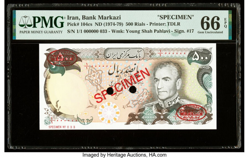 Iran Bank Markazi 500 Rials ND (1974-79) Pick 104cs Specimen PMG Gem Uncirculate...