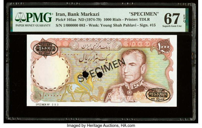 Iran Bank Markazi 1000 Rials ND (1974-79) Pick 105as Specimen PMG Superb Gem Unc...