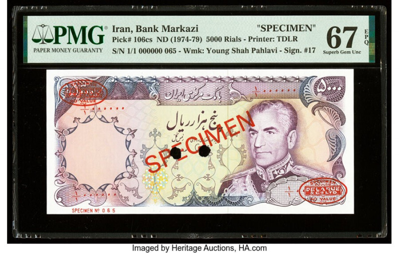 Iran Bank Markazi 5000 Rials ND (1974-79) Pick 106cs Specimen PMG Superb Gem Unc...