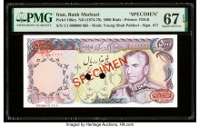 Iran Bank Markazi 5000 Rials ND (1974-79) Pick 106cs Specimen PMG Superb Gem Unc 67 EPQ. Red Specimen & TDLR overprints and two POCs are present on th...