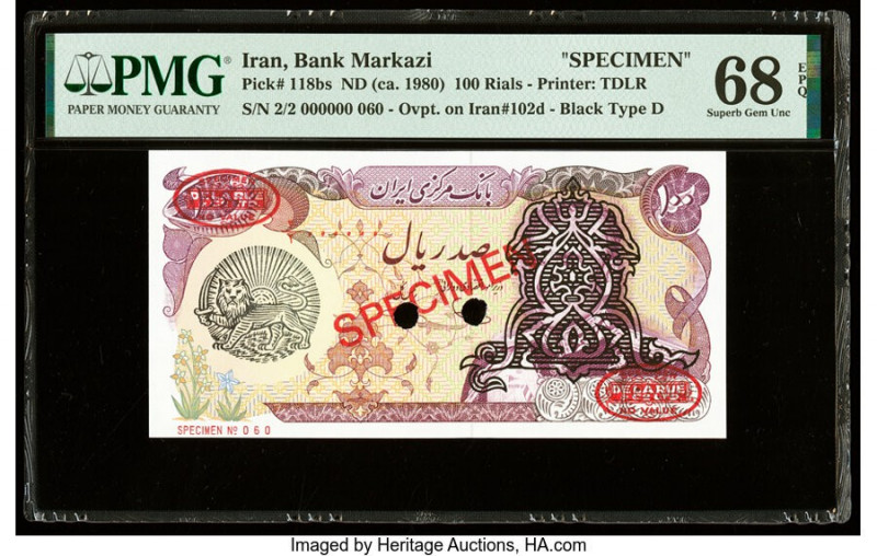 Iran Bank Markazi 100 Rials ND (ca. 1980) Pick 118bs Specimen PMG Superb Gem Unc...