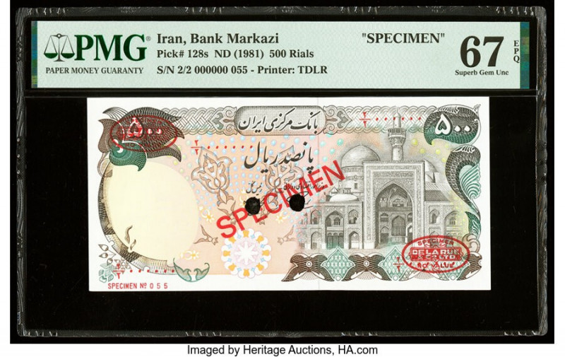 Iran Bank Markazi 500 Rials ND (1981) Pick 128s Specimen PMG Superb Gem Unc 67 E...