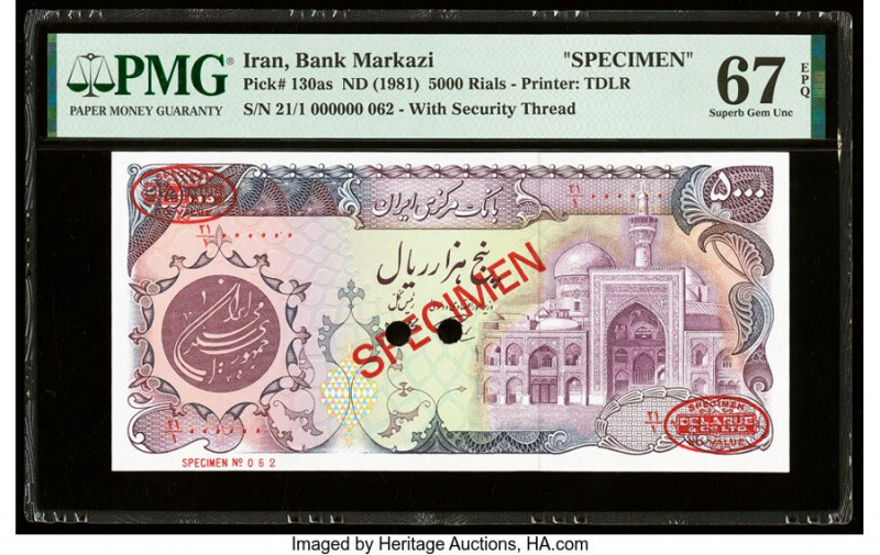 Iran Bank Markazi 5000 Rials ND (1981) Pick 130as Specimen PMG Superb Gem Unc 67...