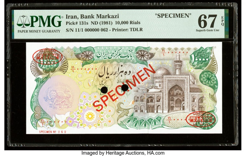Iran Bank Markazi 10,000 Rials ND (1981) Pick 131s Specimen PMG Superb Gem Unc 6...