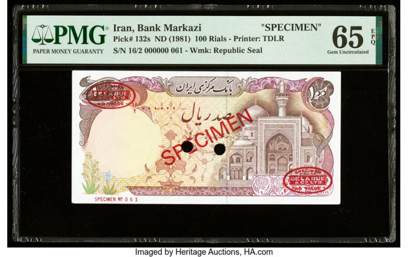 Iran Bank Markazi 100 Rials ND (1981) Pick 132s Specimen PMG Gem Uncirculated 65...