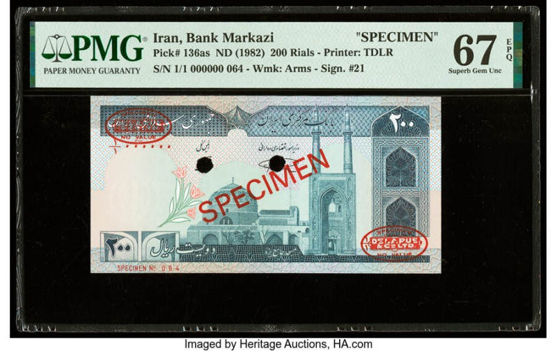 Iran Bank Markazi 200 Rials ND (1982) Pick 136as Specimen PMG Superb Gem Unc 67 ...