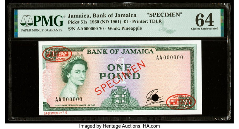 Jamaica Bank of Jamaica 1 Pound 1960 (ND 1961) Pick 51s Specimen PMG Choice Unci...