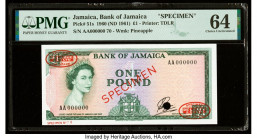 Jamaica Bank of Jamaica 1 Pound 1960 (ND 1961) Pick 51s Specimen PMG Choice Uncirculated 64. Red Specimen & TDLR overprints and one POC present.

HID0...
