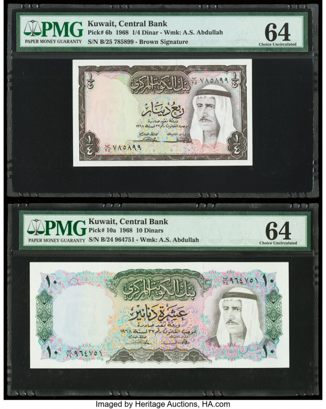 Kuwait Central Bank of Kuwait 1/4; 10 Dinars 1968 Pick 6b; 10a Two Examples PMG ...