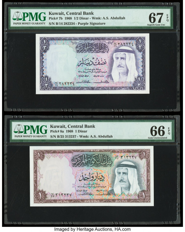Kuwait Central Bank of Kuwait 1/2; 1 Dinar 1968 Pick 7b; 8a Two Examples PMG Sup...