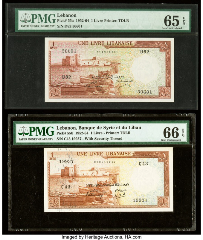 Lebanon Banque de Syrie et du Liban 1 Livre 1952-64 Pick 55a; 55b Two Examples P...