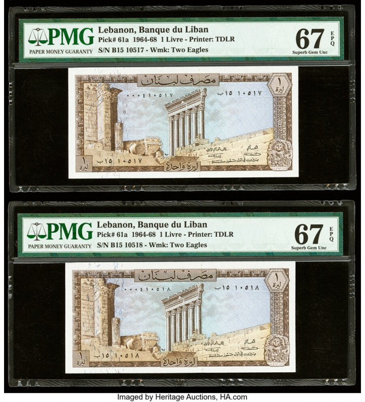 Lebanon Banque du Liban 1 Livre 1964-68 Pick 61a Two Consecutive Examples PMG Su...