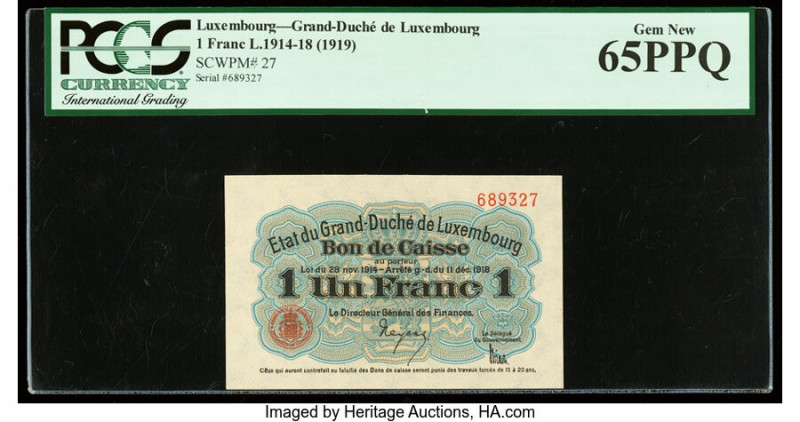 Luxembourg Etat du Grand-Duche de Luxembourg 1 Franc 1914-18 (1919) Pick 27 PCGS...