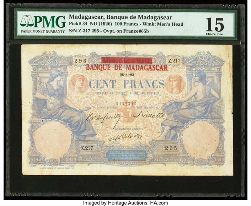 Madagascar Banque de Madagascar 100 Francs ND (1926) Pick 34 PMG Choice Fine 15....