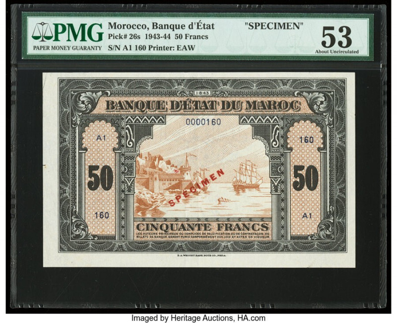 Morocco Banque d'Etat du Maroc 50 Francs 1.8.1943 Pick 26s Specimen PMG About Un...