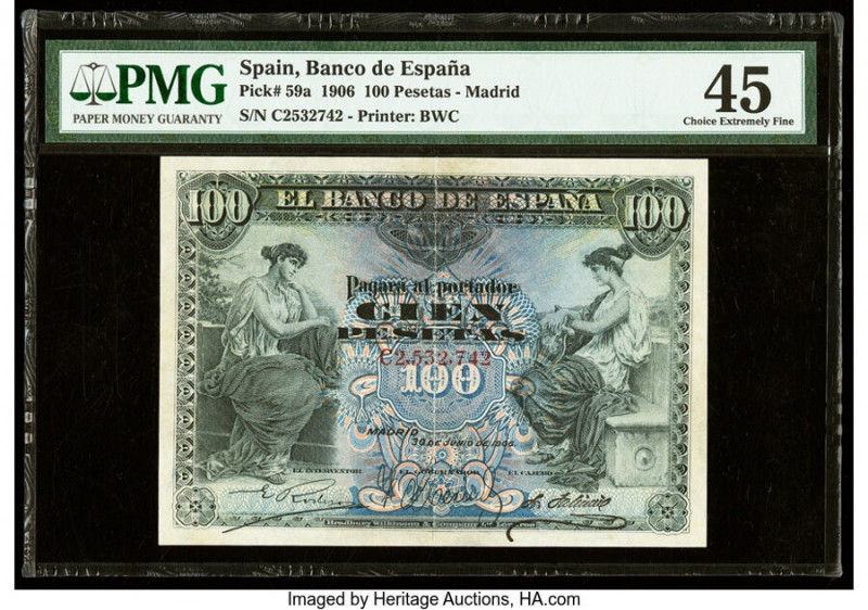 Spain Banco de Espana 100 Pesetas 30.6.1906 Pick 59a PMG Choice Extremely Fine 4...