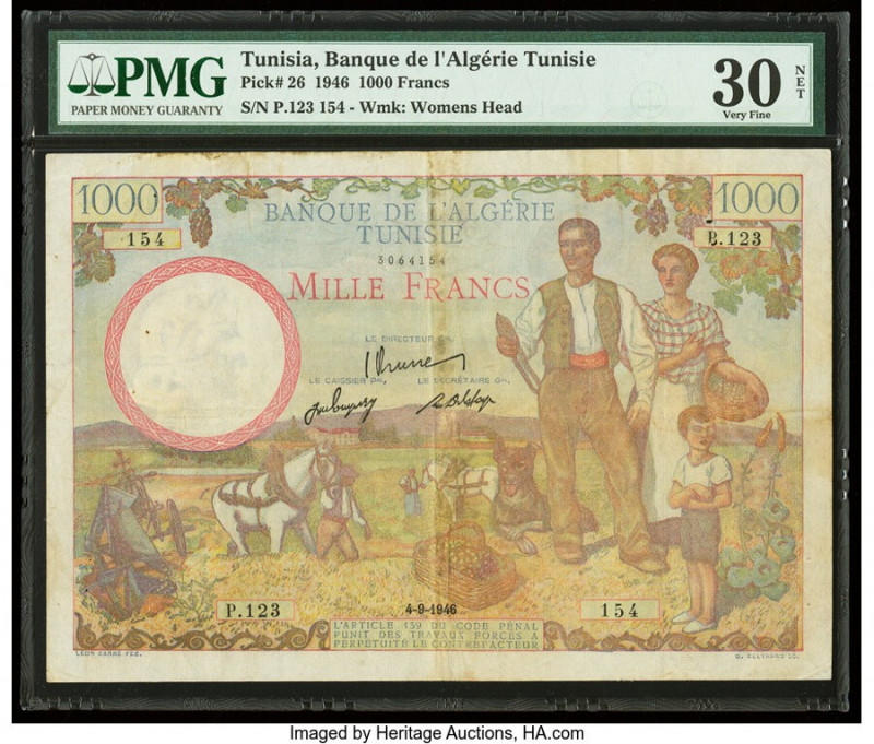 Tunisia Banque de l'Algerie Tunisie 1000 Francs 4.9.1946 Pick 26 PMG Very Fine 3...